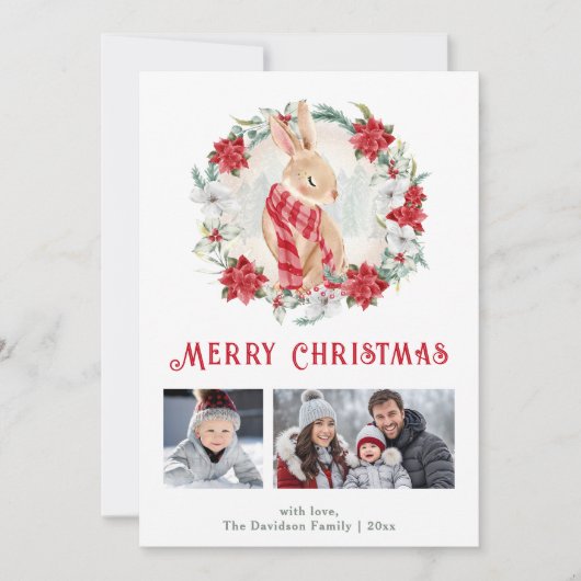 かわいい冬のバニーポインセチアのクリスマスフォトカード 案内状 (正面)