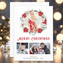 かわいい冬のバニーポインセチアのクリスマスフォトカード