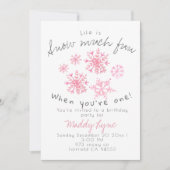 かわいい冬のピンクのスノーフレーク1歳の招待状 招待状 (正面)