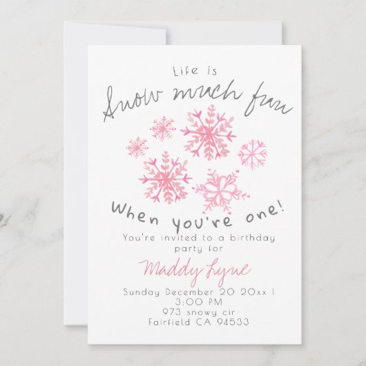 かわいい冬のピンクのスノーフレーク1歳の招待状 招待状 (正面)
