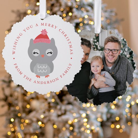 かわいい冬のフクロウの写真の休日 オーナメントカード