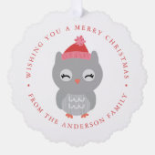 かわいい冬のフクロウの写真の休日 オーナメントカード (正面)