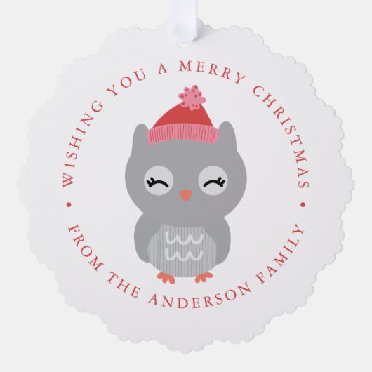 かわいい冬のフクロウの写真の休日 オーナメントカード (正面)