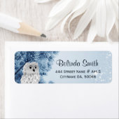 かわいい冬のフクロウ白い青 ラベル (インサイチュ)