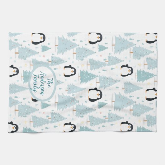 かわいい冬のペンギンのクリスマスブルー キッチンタオル (横)