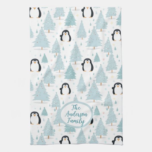 かわいい冬のペンギンのクリスマスブルー キッチンタオル (縦)