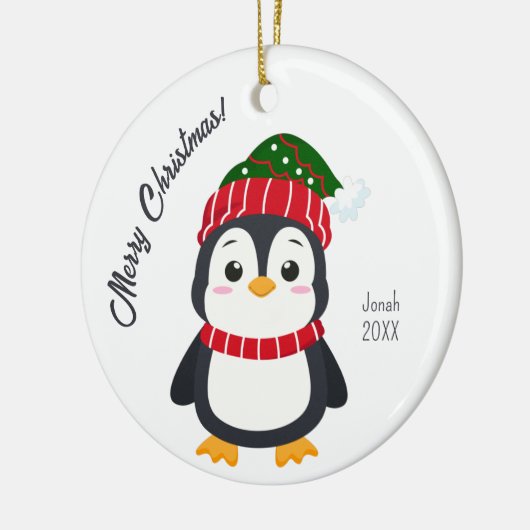 かわいい冬のペンギンパーソナライズされたキッズクリスマス セラミックオーナメント (左)