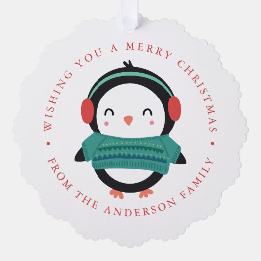 かわいい冬のペンギン写真の休日 オーナメントカード (正面)