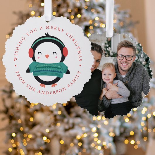 かわいい冬のペンギン写真の休日 オーナメントカード