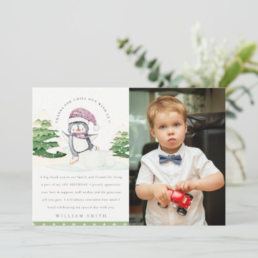 かわいい冬のペンギン子供たち写真任意の年齢誕生日 サンキューカード (スタンド正面)