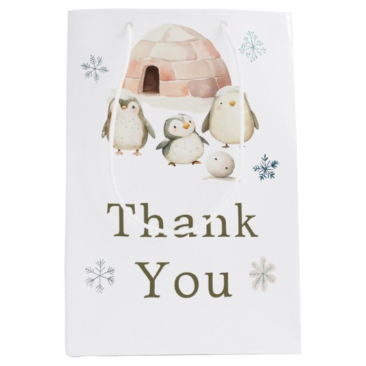 かわいい冬のペンギン赤ちゃんシャワー ミディアムペーパーバッグ (正面)