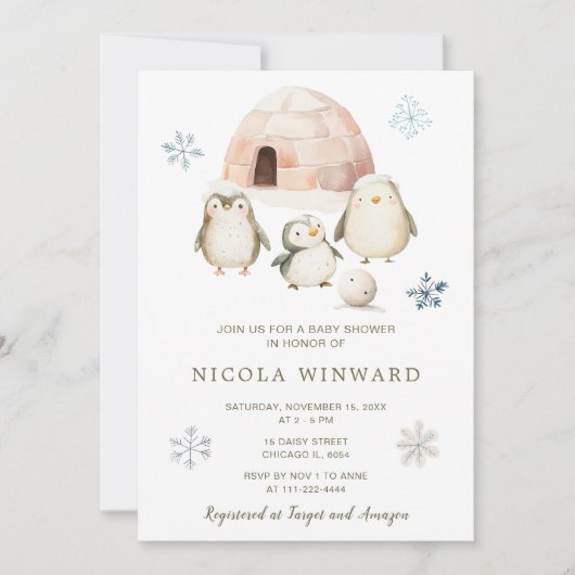 かわいい冬のペンギン赤ちゃんシャワー 招待状 (正面)