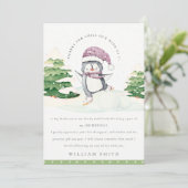 かわいい冬のペンギン 緑 子供向け 誕生日 サンキューカード (スタンド正面)