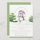 かわいい冬のペンギン 緑 子供向け 誕生日 サンキューカード (正面/裏面)