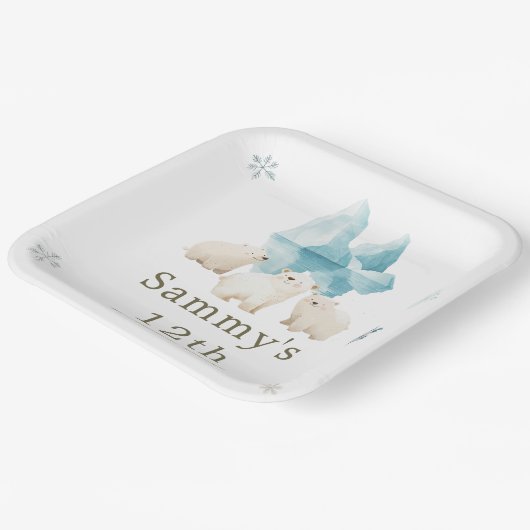 かわいい冬のホッキョクグマ誕生日パーティー ペーパープレート (傾斜あり)