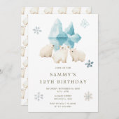 かわいい冬のホッキョクグマ誕生日パーティー 招待状 (正面/裏面)