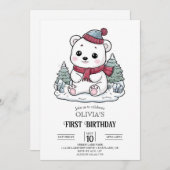 かわいい冬のホッキョクグマ 1歳の誕生日 デジタル 招待状 (正面/裏面)