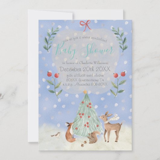 かわいい冬のワンダーランド森林の赤ちゃん動物 招待状 (正面)