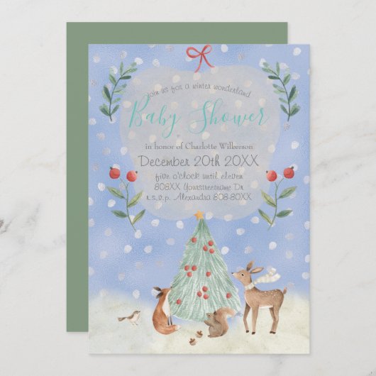 かわいい冬のワンダーランド森林の赤ちゃん動物 招待状 (正面/裏面)