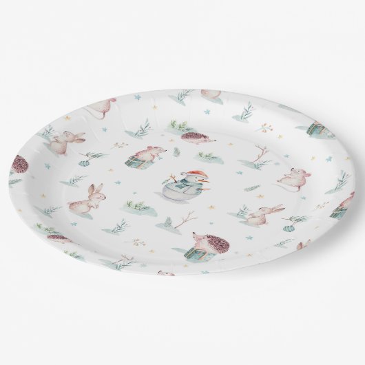 かわいい冬のワンダーランド雪だるま森林動物 ペーパープレート (アングル)