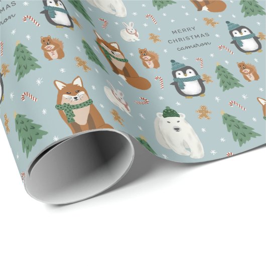 かわいい冬の動物のクリパーソナライズされたスマス ラッピングペーパー (ロールコーナー)