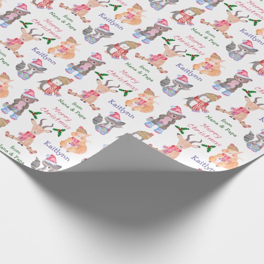 かわいい冬の動物のクリパーソナライズされたスマス ラッピングペーパー (角)