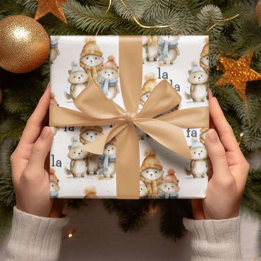かわいい冬の動物の水の色キッズクリスマス ラッピングペーパー