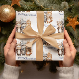 かわいい冬の動物の水色メリークリスマス ラッピングペーパー