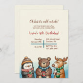 かわいい冬の動物の誕生日パーティー 招待状 (正面/裏面)