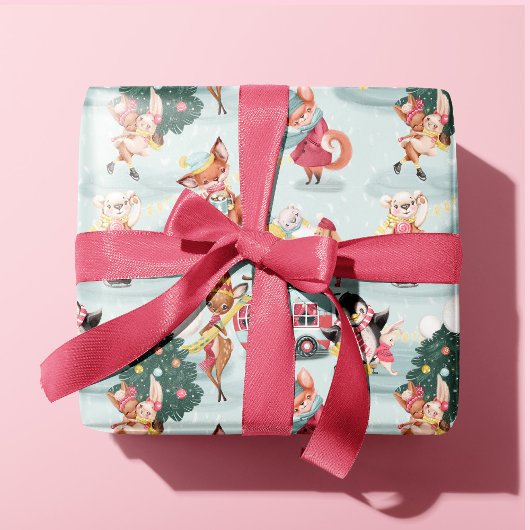 かわいい冬の動物クリスマスツリーおもしろい子供 ラッピングペーパー