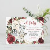 かわいい冬の動物バーガンディフローラ緑のベビー 招待状 (スタンド正面)