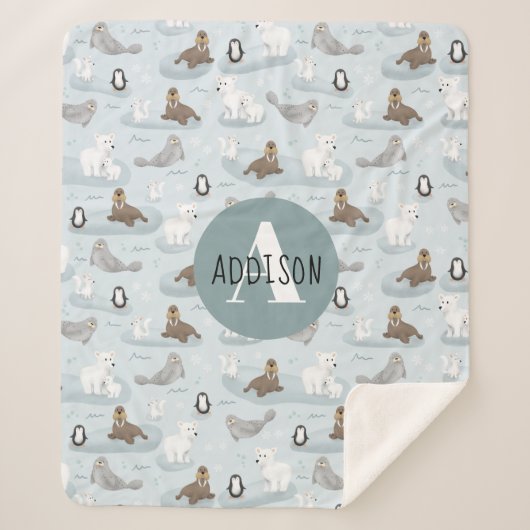 かわいい冬の北極動物モノグラムの子供 シェルパブランケット (正面)