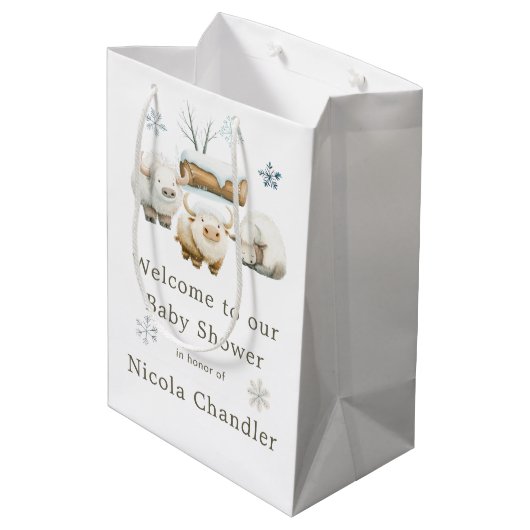 かわいい冬の北極牛の赤ちゃんシャワー ミディアムペーパーバッグ (裏面アングル)