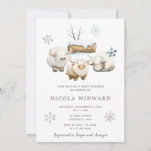 かわいい冬の北極牛の赤ちゃんシャワー 招待状 (正面)
