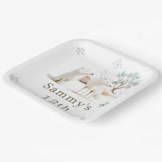 かわいい冬の北極狼の誕生日パーティー ペーパープレート (傾斜あり)