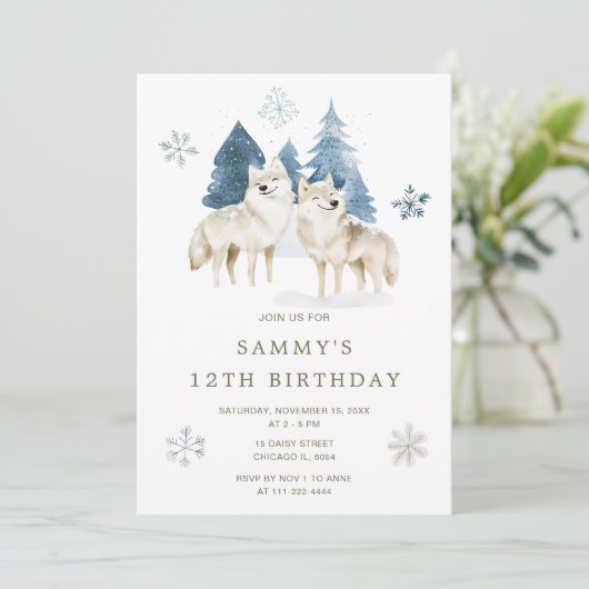 かわいい冬の北極狼の誕生日パーティー 招待状 (スタンド正面)
