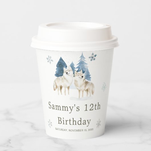 かわいい冬の北極狼の誕生日パーティー 紙コップ (正面)