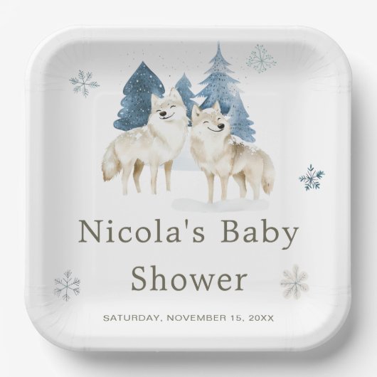 かわいい冬の北極狼の赤ちゃんシャワー ペーパープレート (正面)