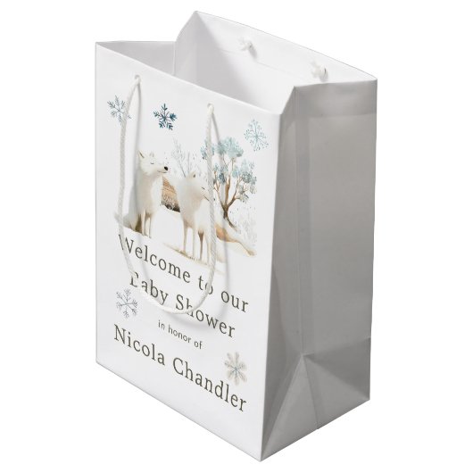 かわいい冬の北極狼の赤ちゃんシャワー ミディアムペーパーバッグ (裏面アングル)