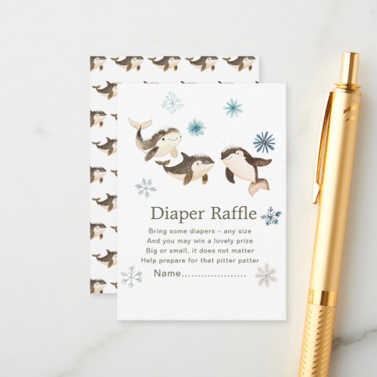 かわいい冬の北極鯨の赤ちゃんシャワーおむつラッフル エンクロージャーカード (正面/裏面インサイチュ)