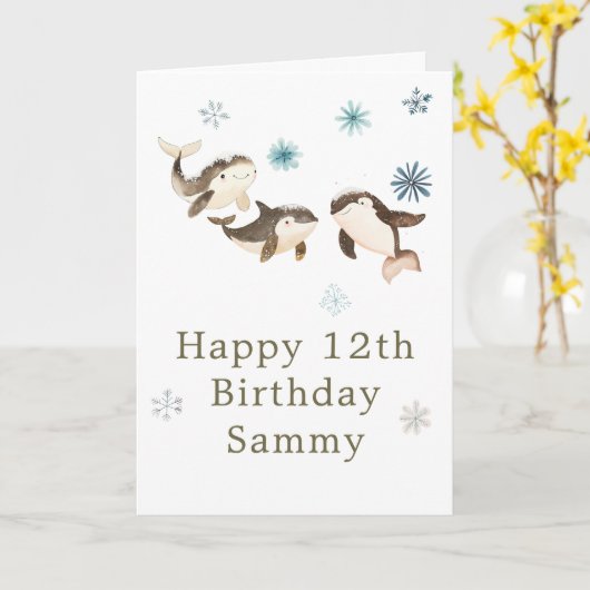 かわいい冬の北極鯨誕生会 カード (黄色い花)