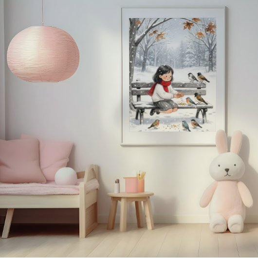 かわいい冬の女の子が鳥に餌を与える保育園の壁アート ポスター