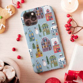 かわいい冬の家々赤と青の風景雪 iPhone 13ケース
