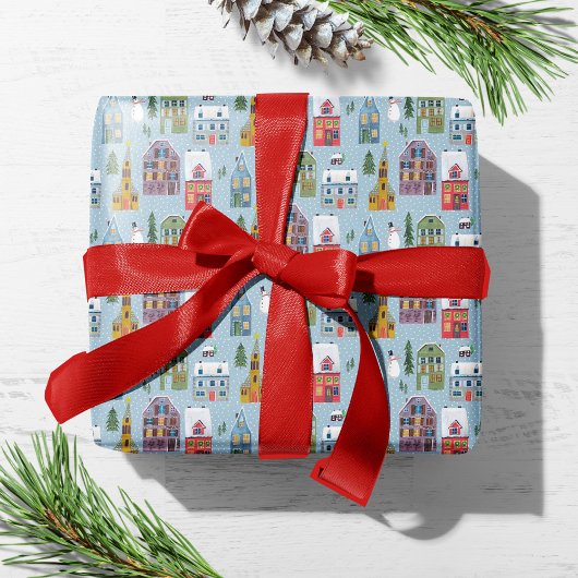 かわいい冬の家と村のクリスマスパターン ラッピングペーパー
