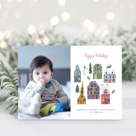 かわいい冬の家の村シーンフォトクリスマス シーズンカード
