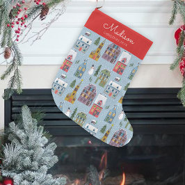 かわいい冬の家 ヴィレッジ シーン クリスマスパターン ラージクリスマスストッキング