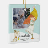 かわいい冬の少女と犬のイラストレーション写真 セラミックオーナメント (右)