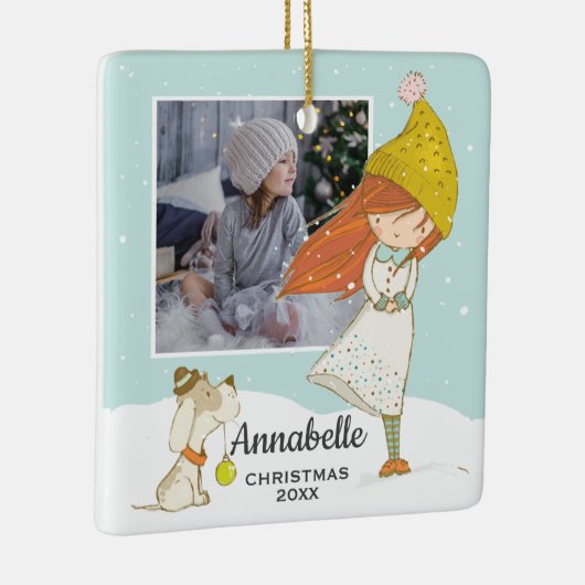 かわいい冬の少女と犬のイラストレーション写真 セラミックオーナメント (右)