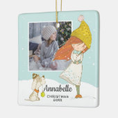 かわいい冬の少女と犬のイラストレーション写真 セラミックオーナメント (左)