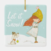 かわいい冬の少女と犬のイラストレーション写真 セラミックオーナメント (裏面)